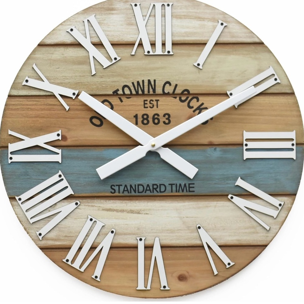 ⭐️6 Lbs 24"Wooden Multi-Color Maritime Coastal Beach Large Roman Wall Clock-Blue